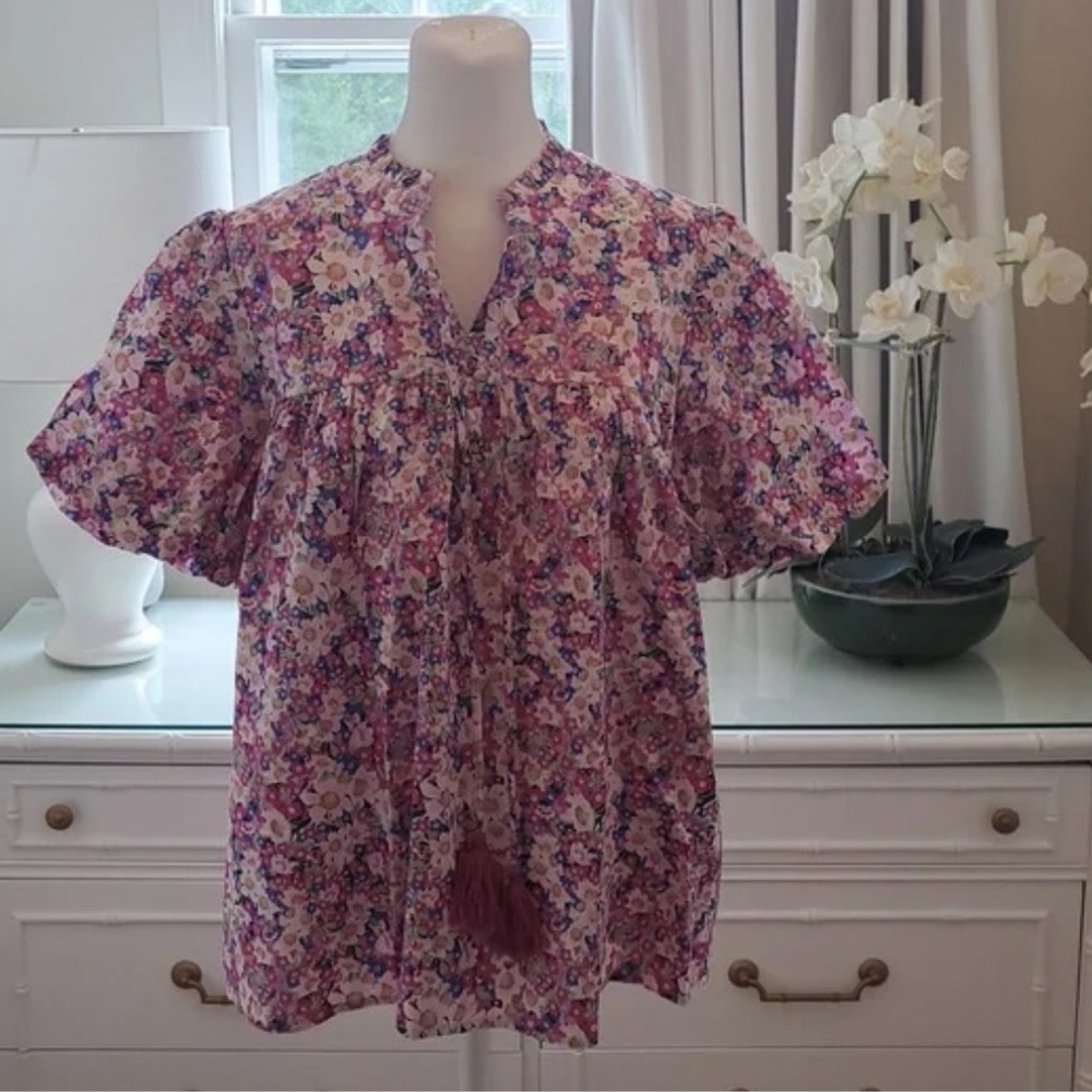 Voy Womens Peasant Style Floral Print Short Puff Sleeve Blouse Size L
